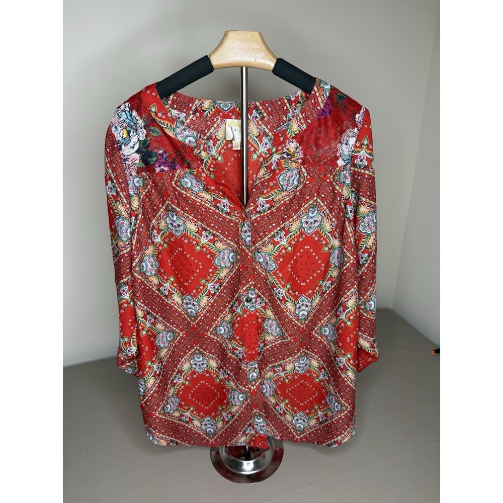 Anthropologie Top Fig and Flower  Womens XL Red‎ Boho Floral Lace V Neck Artsy